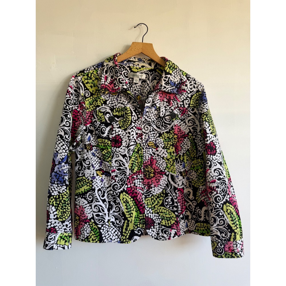 Coldwater Creek Womens Floral Paisley Mosaic Zip Jacket Multi-Color Size L